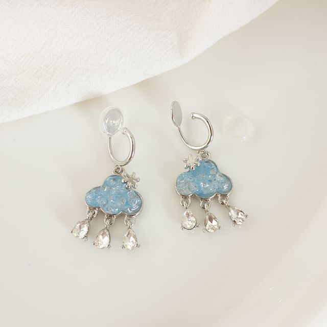 Cloud Hoop Drop Rhinestone On Clip Earring /