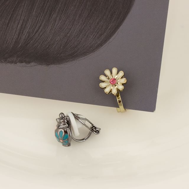Teapot Flower Clip Enamel On Earring Asymmetrical Stud /