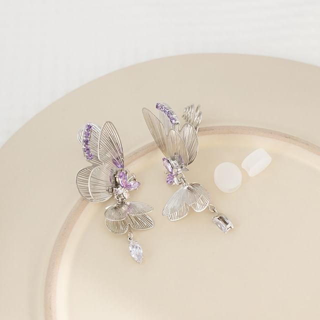 Earring On Rhinestone Clip / Drop Butterfly