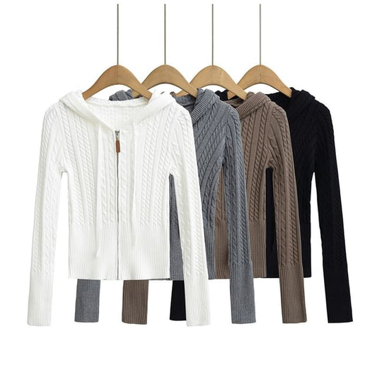 Hooded Cable Knit Zip Cardigan with High Waist Shorts