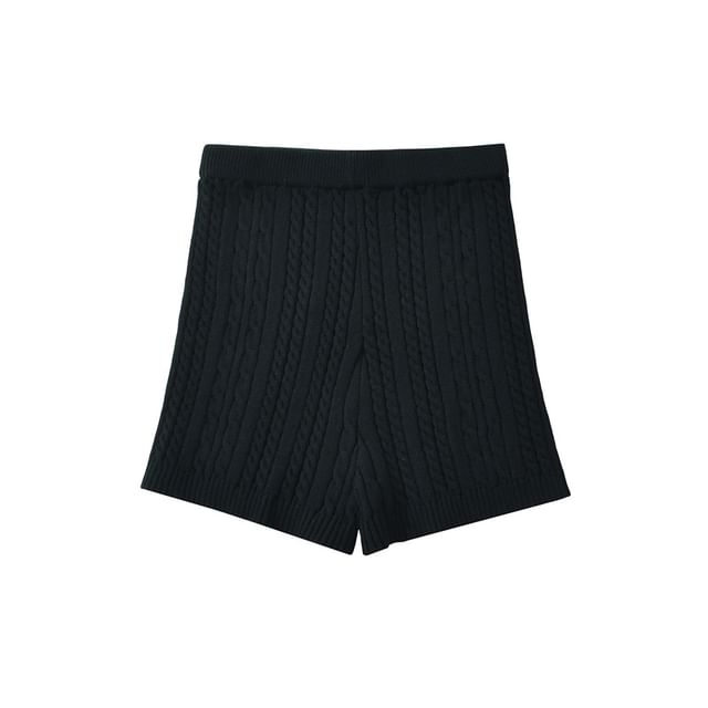 Hooded Cable Knit Zip Cardigan with High Waist Shorts