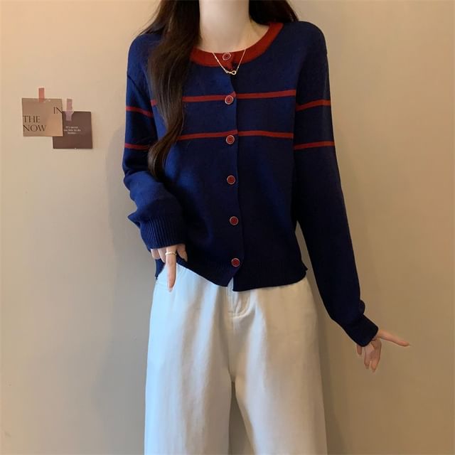 Two-Tone Striped Round Neck Cardigan