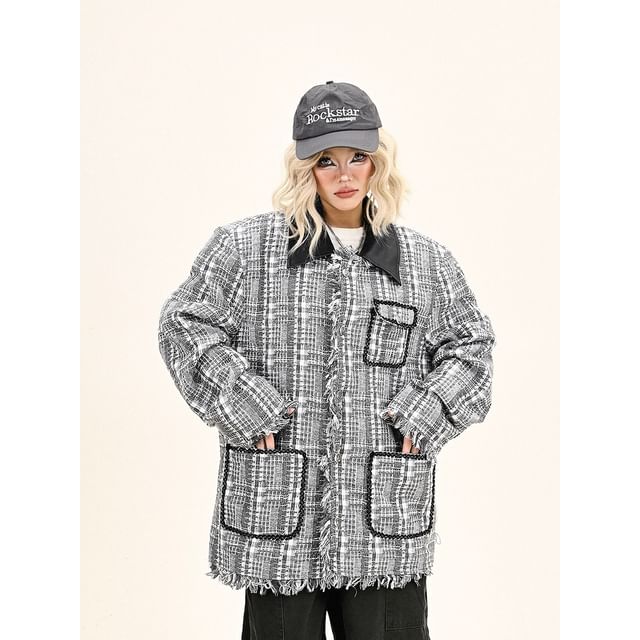 Contrast Collar Plaid Fringed Tweed Button Jacket