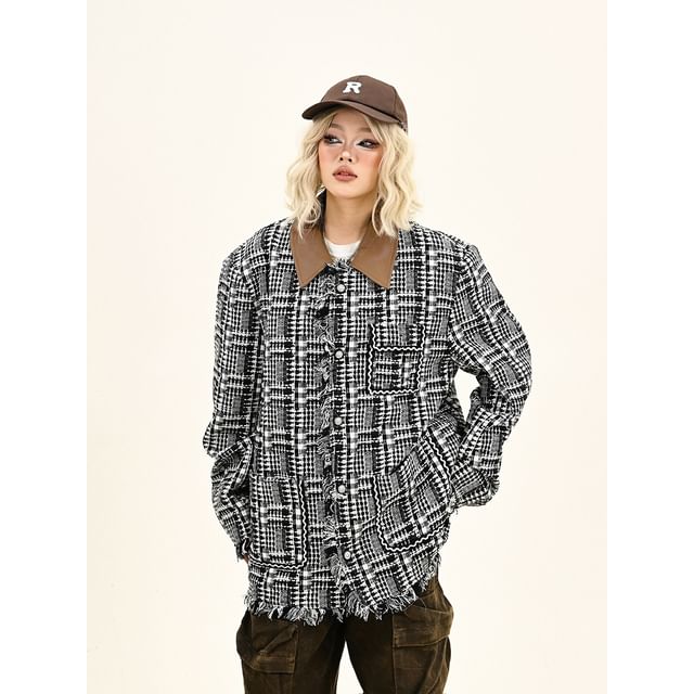 Contrast Collar Plaid Fringed Tweed Button Jacket