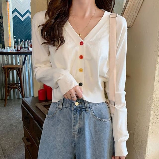 Cropped V-Neck Plain Cardigan