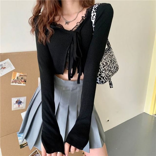 Cropped Lace-Up Plain Cardigan