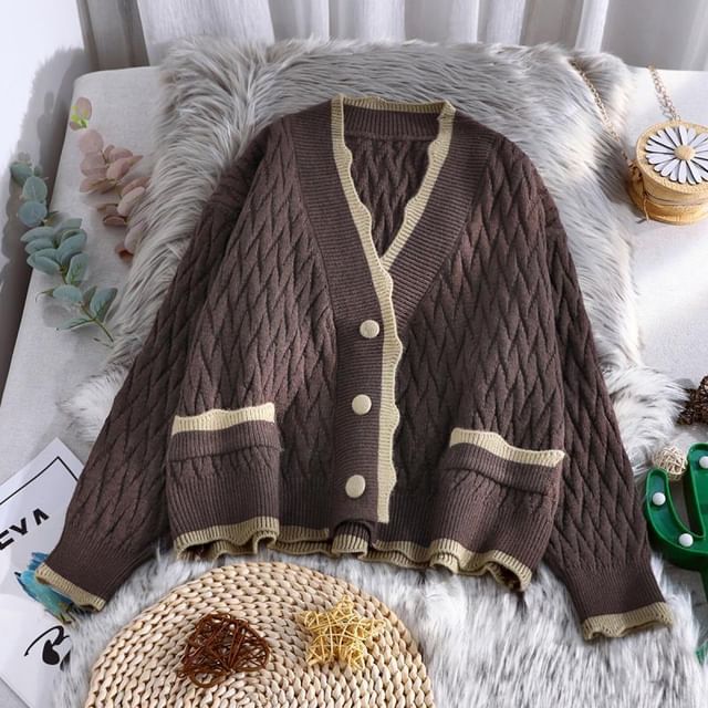 Contrast Trim Quilted V-Neck Plain Cardigan