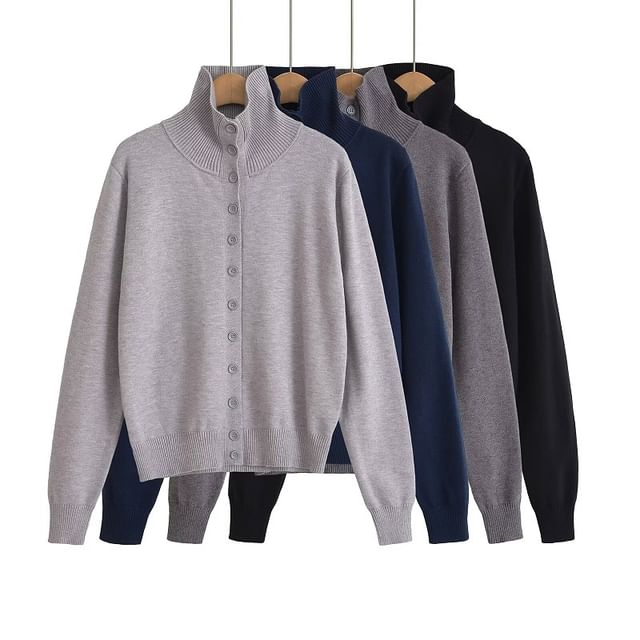 Stand Collar Plain Knit Cardigan
