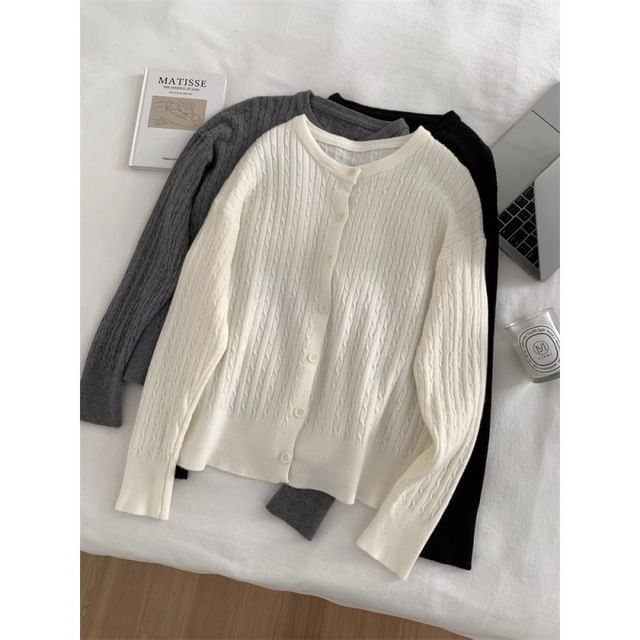 Button-Up Crewneck Plain Cardigan