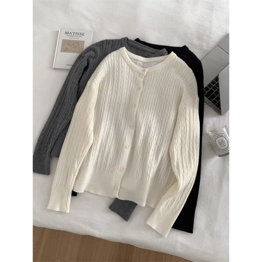 Button-Up Crewneck Plain Cardigan