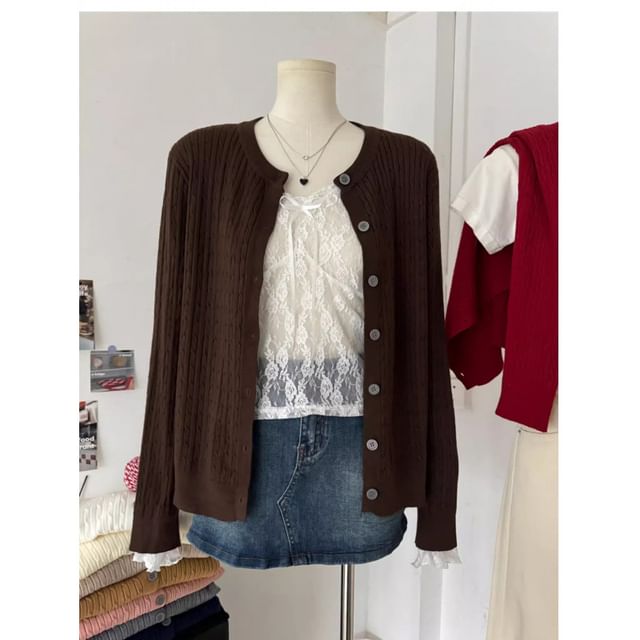 Button-Up Crewneck Plain Cardigan