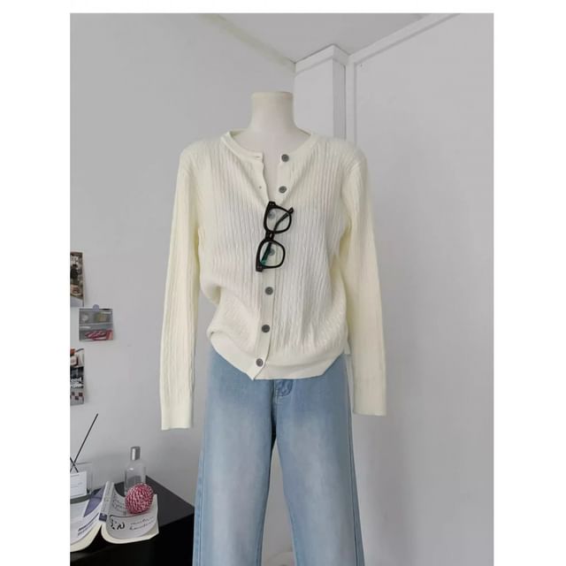 Button-Up Crewneck Plain Cardigan
