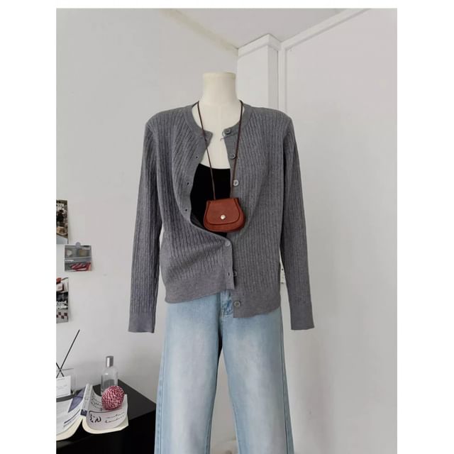 Button-Up Crewneck Plain Cardigan