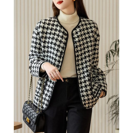 Round Neck Houndstooth Tweed Button Jacket