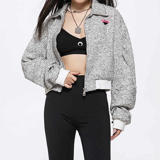 Letter Embroidered Tweed Zip Jacket