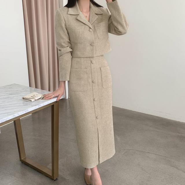 Notch Lapel Single-Breasted Plain Tweed Crop Blazer / High Rise Slit Midi Pencil Skirt