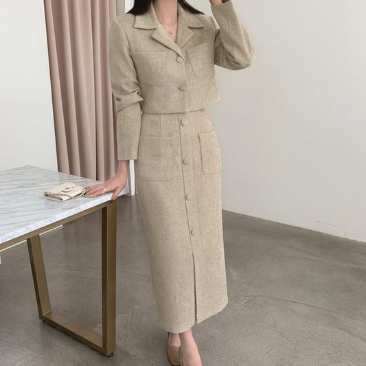 Notch Lapel Single-Breasted Plain Tweed Crop Blazer / High Rise Slit Midi Pencil Skirt