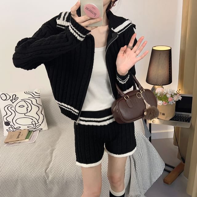 Set: Two-Tone Cable Knit Zip Cardigan & Elastic Waist Shorts