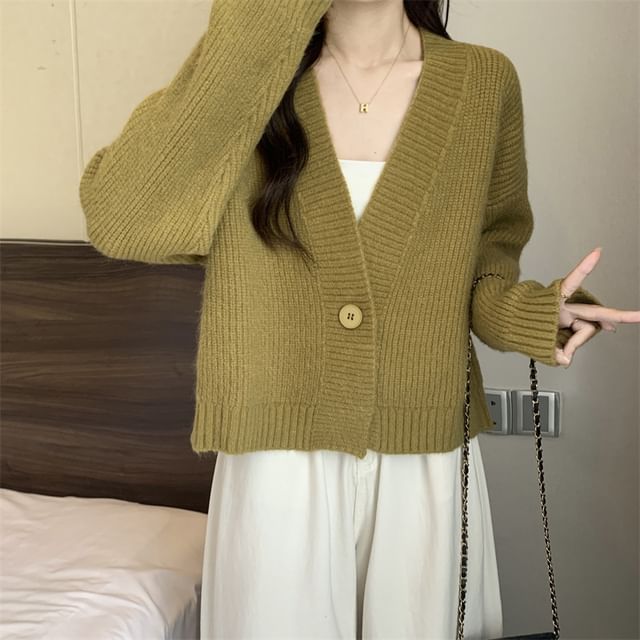 Ribbed Single-Button V-Neck Cardigan