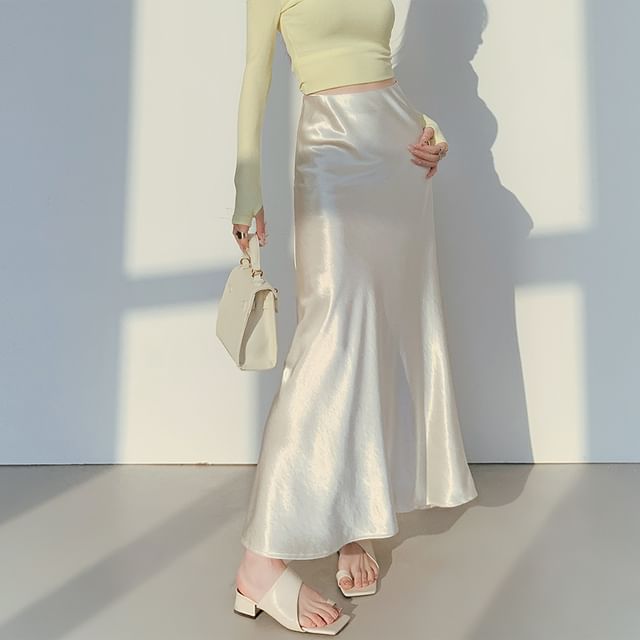 Waist Midi High A-Line Satin Plain Skirt