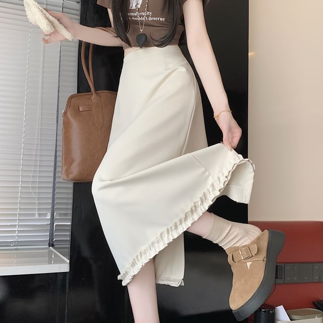 Rise Skirt Slit Ruffle A-Line Trim Plain High Midi
