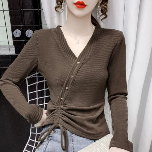 Long-Sleeve Asymmetrical Crop V-Neck Plain Top