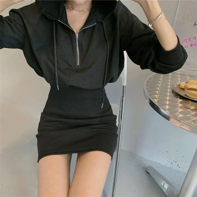 Zip Dress Half Plain Mini Hoodie