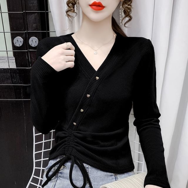 Long-Sleeve Asymmetrical Crop V-Neck Plain Top