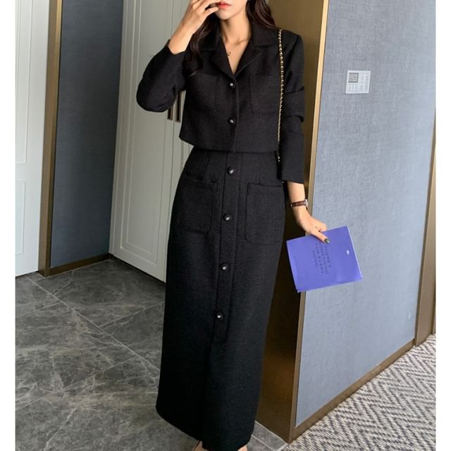 Plain Tweed Crop Single-Breasted Blazer / High Rise Button Front Midi Straight Skirt