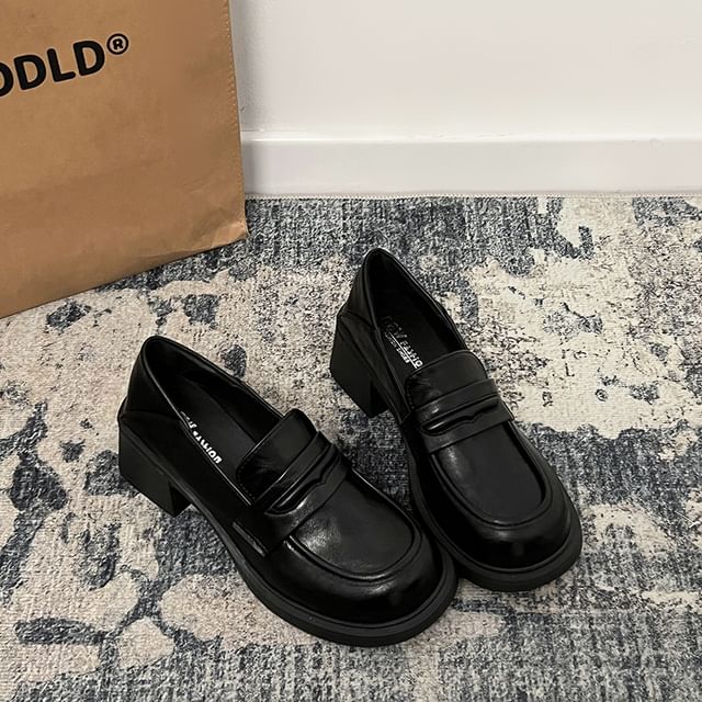 Leather Heel Block Faux Loafers