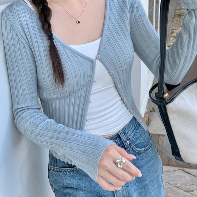 V-Neck Button-Up Crop Cardigan