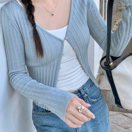 V-Neck Button-Up Crop Cardigan