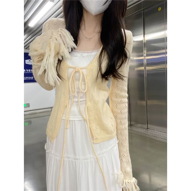 Fringed Tie Front Perforated Cardigan & Lace Camisole Set
