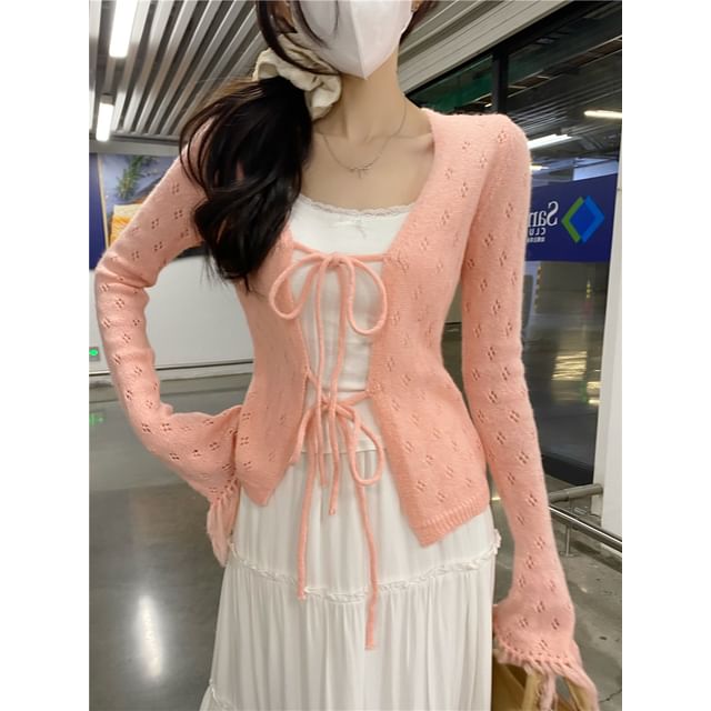 Fringed Tie Front Perforated Cardigan & Lace Camisole Set