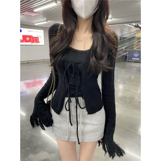Fringed Tie Front Perforated Cardigan & Lace Camisole Set