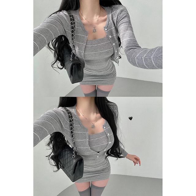 Set: Striped Ribbed Cardigan & Cami Top