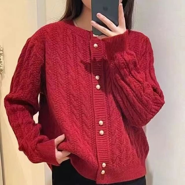 Cable Knit Crewneck Cropped Cardigan