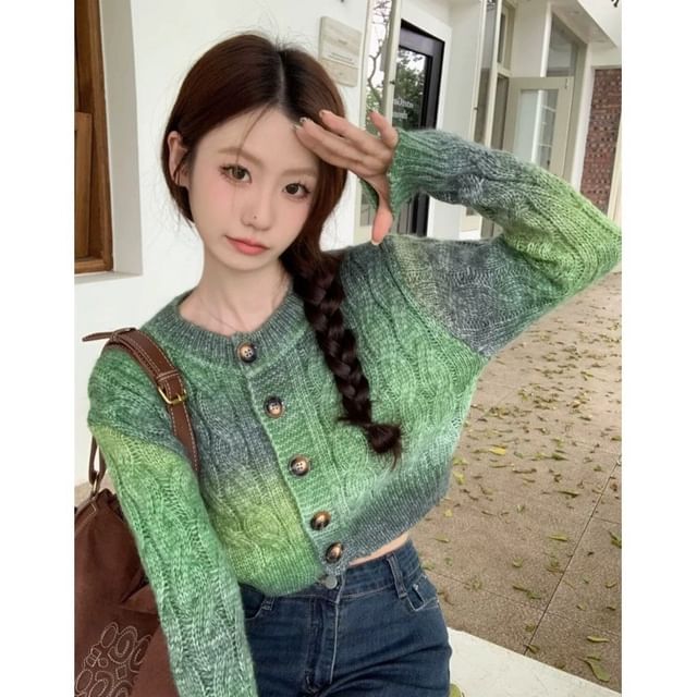 Gradient Button Crop Round Neck Cardigan