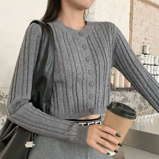 Crew Neck Cable Knit Cropped Cardigan - Plain Button-Up