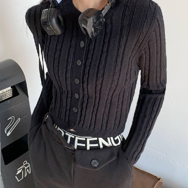 Crew Neck Cable Knit Cropped Cardigan - Plain Button-Up