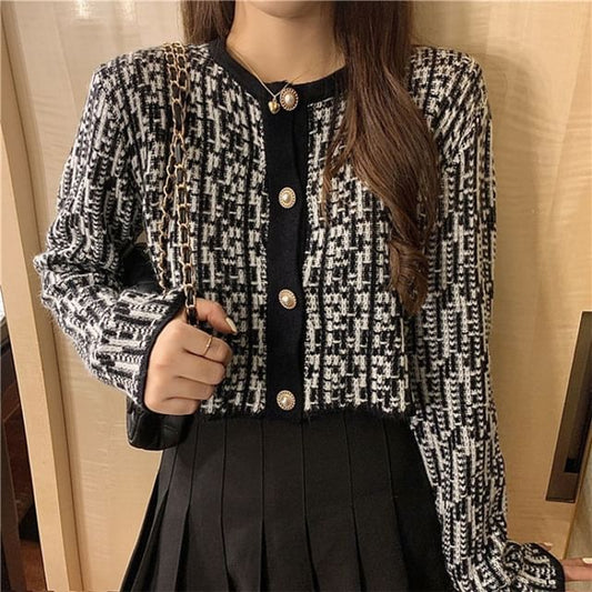 Crewneck Tweed Button-Up Jacket