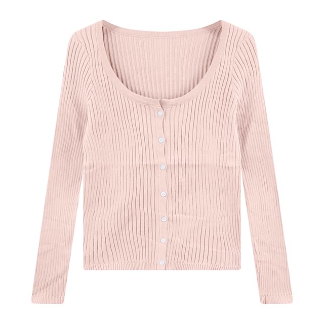 Ribbed Cropped Button-Up Cardigan - Long Sleeve