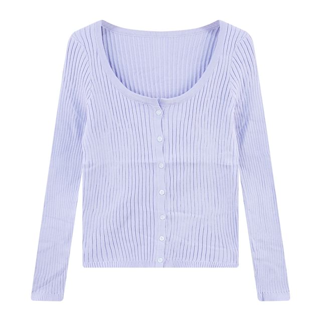 Ribbed Cropped Button-Up Cardigan - Long Sleeve