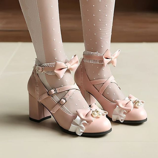 Mary Faux Strap Pumps Heel Frill Ankle Chunky Trim Pearl Bow Jane