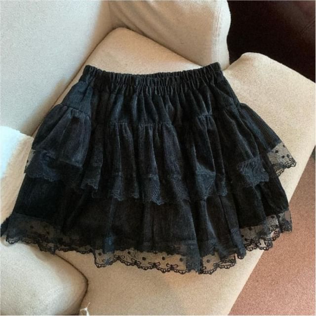 Lace Trim Tiered Mini A-Line Skirt Elastic Waist