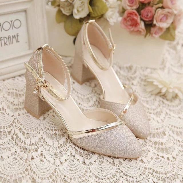 Chunky Strap Glitter Ankle Heel Pumps