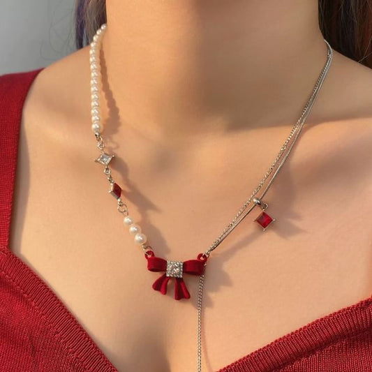 Necklace Bow Pearl Lariat Rhinestone Faux