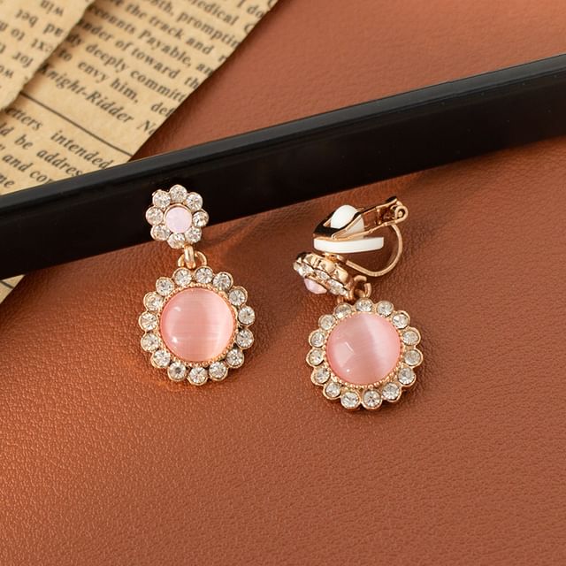 Cabochon Drop Earring On / Rhinestone Clip