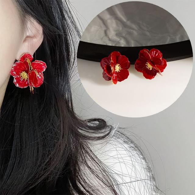 Clip On Enamel Earring Stud / Flower