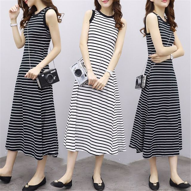 Striped A-Line Midi Tank Dress Neck Crew